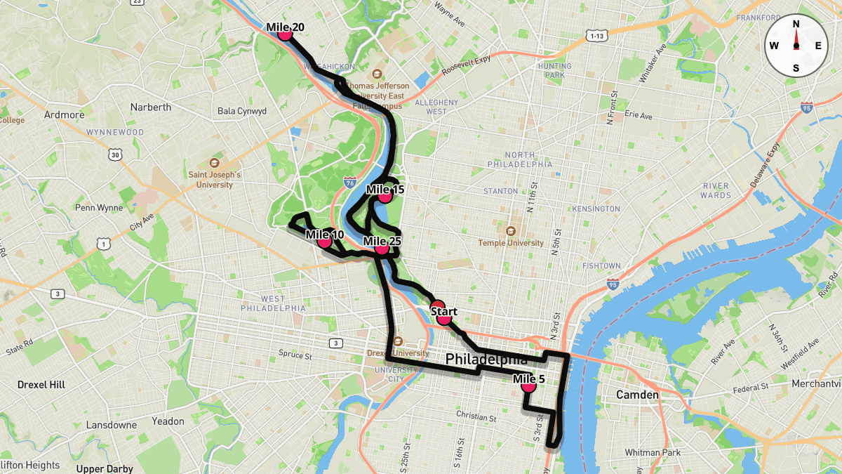 Course map for Philadelphia Marathon